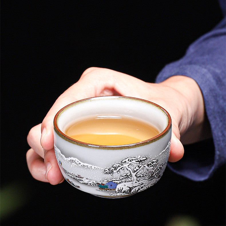 Ruyao Celadon Tea Cup - Winter Village Scenery