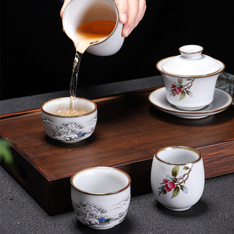 Ruyao Celadon Tea Cup - Winter Village Scenery