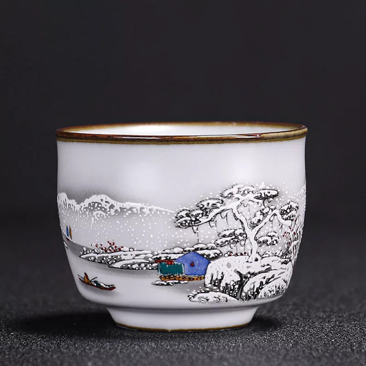 Ruyao Celadon Tea Cup - Winter Village Scenery
