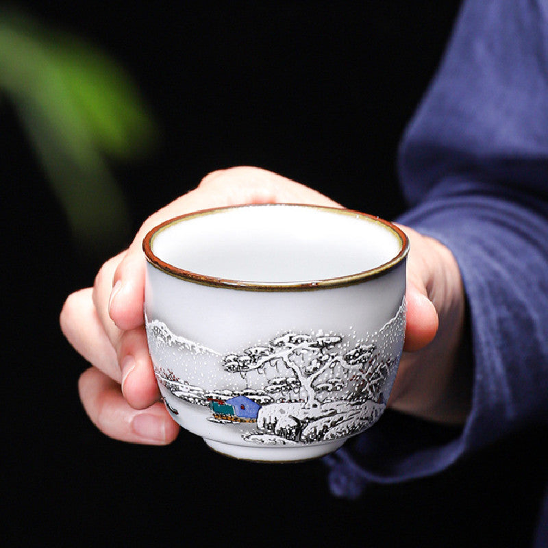 Ruyao Celadon Tea Cup - Winter Village Scenery