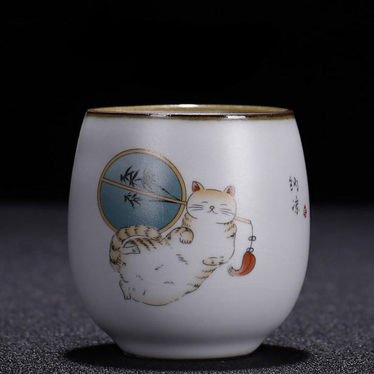 Ruyao kiln celadon Chinese tea cup with a picture of a cat